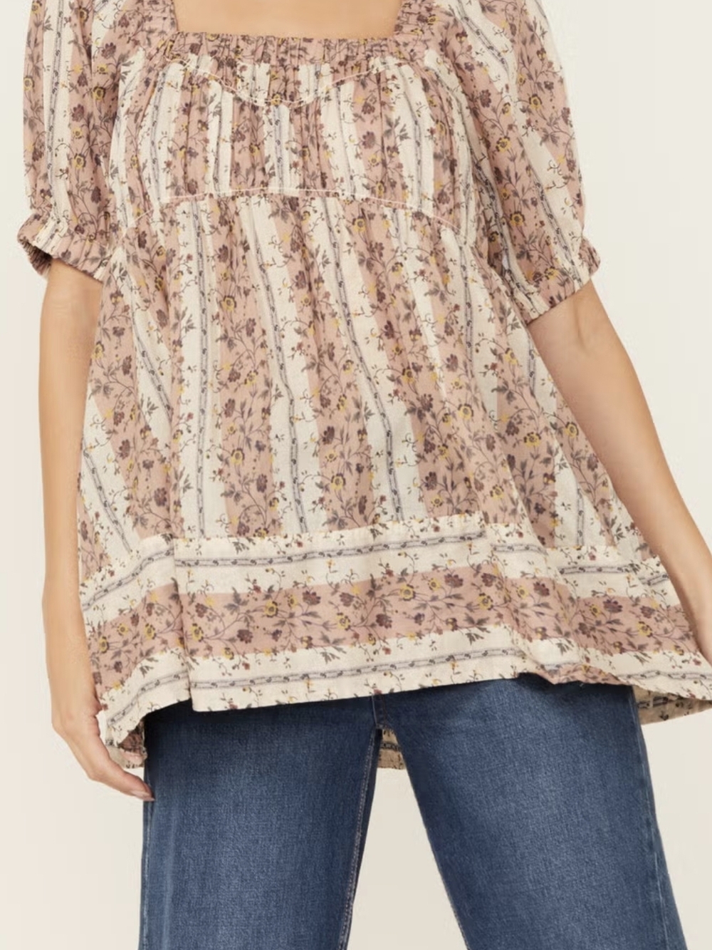 Free People Dusty Rose Boho Floral Tiered Peasant Tunic NWOT